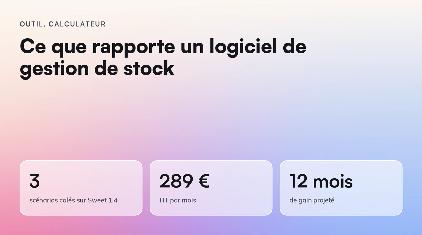 Outil, Calculateur : Ce que rapporte un logiciel de gestion de stock. 3 scénarios calés sur Sweet 1.4 ; 289 € HT par mois ; 12 mois de gain projeté