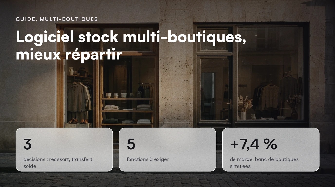 Guide, Multi-boutiques : Logiciel stock multi-boutiques, mieux répartir. 3 décisions : réassort, transfert, solde ; 5 fonctions à exiger ; +7,4 % de marge, banc de boutiques simulées